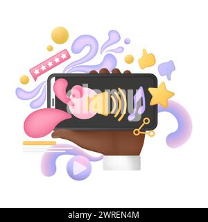 Main 3D de l'homme tenant le téléphone avec haut-parleur sur l'écran pour écouter l'illustration vectorielle de musique Illustration de Vecteur