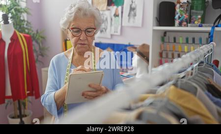 Une femme âgée avec des lunettes et un ruban à mesurer prend des notes dans un magasin de tailleur coloré avec des mannequins et des tissus Banque D'Images