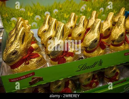 Une armée de lapins de Pâques en chocolat de marque Lindt exposés dans un magasin à New York le vendredi 8 mars 2024. Pâques arrive le 31 mars. (© Richard B. Levine) Banque D'Images