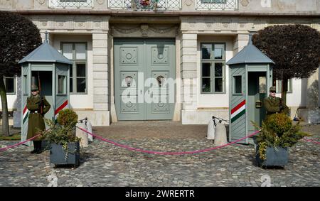 Soldats de la 32e Garde de Budapest et régiment cérémoniel en garde au Palais Sandor. Banque D'Images