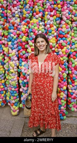 Joyeuse femme hispanique, rayonnante de beauté naturelle, se tient en toute confiance posant à yasaka koshindo, souriant insouciante au milieu de la tradition colorée, son expr Banque D'Images