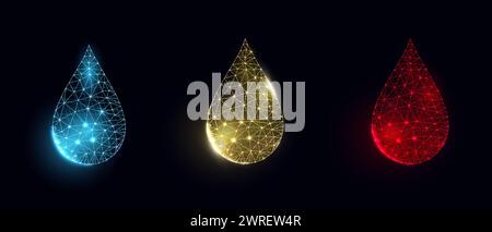 Ensemble de gouttes d'eau, d'huile et de sang. Style filaire poly bas. Illustration vectorielle abstraite sur fond bleu foncé. Illustration de Vecteur
