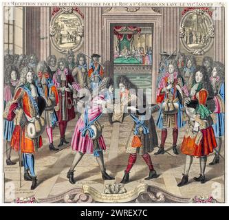 Louis XIV rencontre Jacques II d'Angleterre en exil à Saint Germain en Laye le 7 janvier 1689, gravure de Nicolas Langlois, 1690 Banque D'Images