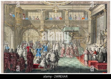 Création des Chevaliers de l'ordre du Saint-esprit par le roi Louis XIV de France dans la chapelle de Versailles les 1er janvier et 2 février 1689, gravure de Nicolas Langlois, 1690 Banque D'Images