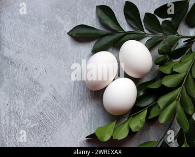 Oeufs blancs non teints sur un fond gris clair avec espace de copie. Nature morte simple avec des œufs et des fleurs. Banque D'Images