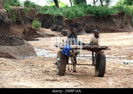 TURMI, ETHIOPIE - NOVEMER 24, 2011 : deux enfants non identifiés assis sur la charrette à cheval dans une région rurale d'Ethiopie. Banque D'Images