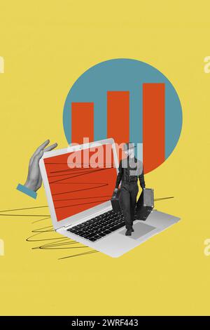 Image de collage graphique de modèle abstrait de gars cool tenant des valises marchant un gadget moderne isolé de fond coloré Banque D'Images