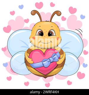 Mignonne abeille de dessin animé tient un coeur avec ruban bleu. Illustration vectorielle d'un animal sur un fond blanc avec des coeurs roses. Illustration de Vecteur