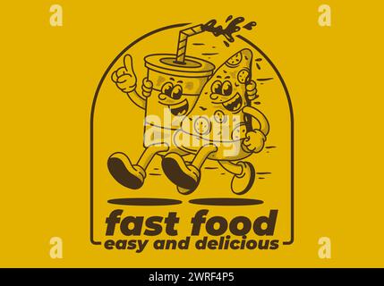 Restauration rapide, facile et délicieux. Illustration de personnage de mascotte de courir pizza et boisson non alcoolisée Illustration de Vecteur