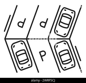 Schéma de parking pour le service de garage, icône de ligne pour les instructions et règlements de zone de parking de véhicule, contour vectoriel. Panneau de stationnement avec système de créneaux pour le service de voiturier de voitures avec marquage des zones P. Illustration de Vecteur