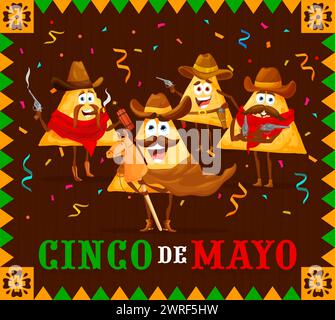 Bannière Cinco de Mayo. Bande dessinée drôles de puces nachos cow-boys et bandits. Célébration de Cinco de Mayo, vacances de culture hispanique ou affiche vectorielle de fête latine avec des personnages de cow-boy amusants de snack mexicain Illustration de Vecteur