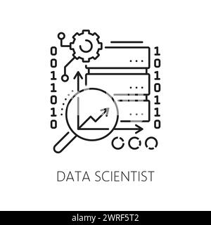 Scientifique de données, icône spécialiste INFORMATIQUE pour les statistiques web, l'analyse et l'informatique de site web, vecteur de ligne. Pictogramme linéaire de spécialiste des données pour la programmation numérique et les aperçus de données Internet des logiciels d'application Illustration de Vecteur