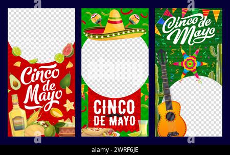 Cinco de Mayo modèles de vacances mexicains, médias sociaux et articles de blog. Bannières vectorielles de fête de Mexique avec des cadres ronds et sombrero de bande dessinée, guitare, maracas et pinata, tequila, Chili et cactus Illustration de Vecteur