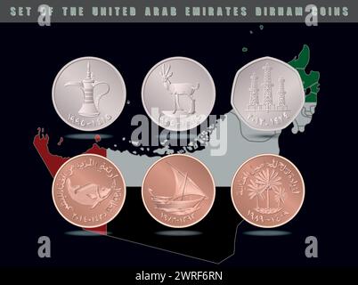 Ensemble de pièces des Émirats arabes Unis sur le fond de la carte des Émirats arabes Unis. Pièces de monnaie Dirham. Illustration vectorielle. Illustration de Vecteur