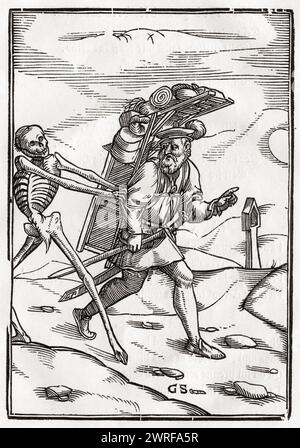 Der Tod kommt zum Hausierer Holzschnitt von Georg Scharffenberg nach Hans Holbein d. J. Aus Der Todten Tanz, erschienen Basel 1843 / Death Comes to the Pedlar gravure sur bois de Georg Scharffenberg d'après Hans Holbein le jeune de Der Todten Tanz ou la danse de la mort publié Basel 1843, Historisch, Digital restaurierte Reproduktion von einer Vorlage aus dem 19. Jahrhundert, date du dossier non précisée, Banque D'Images