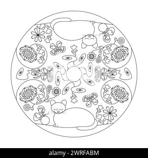 Mandala. Chat détendu avec les yeux fermés. Papillons et fleurs. Coloriage. Illustration de Vecteur