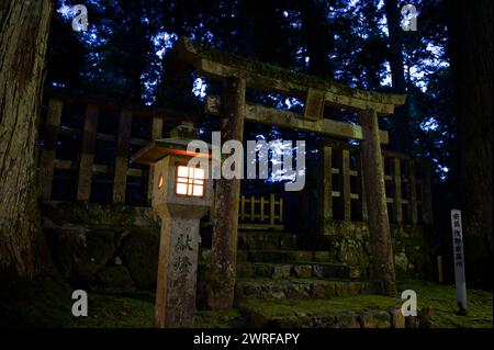 Promenade nocturne atmosphérique dans le cimetière du mont Koyasan, site du patrimoine mondial de l'UNESCO, Japon. Banque D'Images