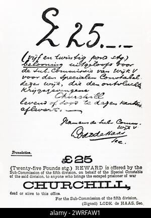 Wanted Dead or Alive-Plakat für den entkommenen Kriegsgefangenen Churchill während des Burenkriegs Aus: a Roving Commission von Winston S. Churchill, veröffentlicht von Scribners 1930 / Wanted Dead or Alive poster for évadé Prisoner of War Churchill during Boer War from A Roving Commission by Winston S. Churchill Published by Scribners 1930, Historisch, digital restaurierte Reproduktion von einer Vorlage aus dem 19. Jahrhundert, date du dossier non précisée, Banque D'Images