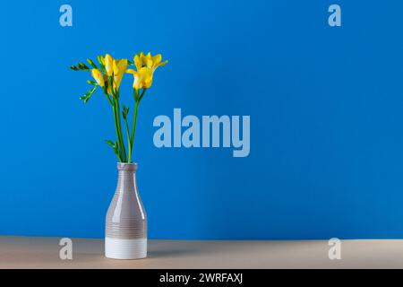 bouquet de tulipes jaunes dans un vase sur fond bleu Banque D'Images