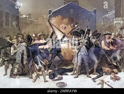 DAS Massaker von Boston AM 5. März 1770 Nach Alonzo Chappel aus Leben und Zeiten von Washington Band 1, veröffentlicht 1857 / The Boston massacre March 5 1770 After Alonzo Chappel from Life and Times of Washington volume 1 publié 1857, Historisch, digital restaurierte Reproduktion von einer Vorlage aus dem 19. Jahrhundert, date du dossier non précisée, Banque D'Images