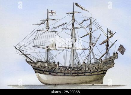 Henri Grace a Dieu oder the Great Harry Englisches Kriegsschiff, gebaut 1514 Aus der Nationalen Enzyklopädie, herausgegeben von William Mackenzie London Ende des 19, Jahrhunderts / Henri Grace a Dieu or the Great Harry English Warship construit en 1514 à partir de la National Encyclopaedia publiée par William Mackenzie London fin du XIXe siècle, Historisch, digital restaurierte Reproduktion von einer Vorlage aus dem 19. Jahrhundert, date du dossier non précisée, Banque D'Images