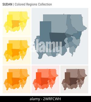 Collection de cartes du Soudan. Forme de pays avec régions colorées. Bleu gris, jaune, ambre, orange, orange profond, palettes de couleurs marron. Illustration de Vecteur