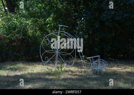 vélo vintage avec une grande roue dans un parc forestier. Banque D'Images