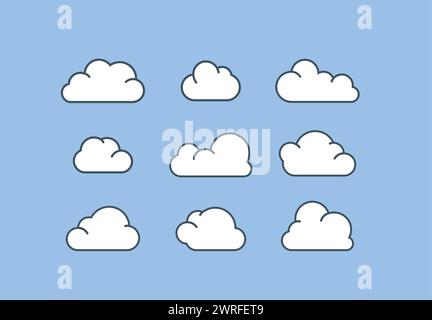 Ensemble d'icônes de nuage dans le style plat moderne isolé sur fond bleu. Illustration de Vecteur
