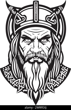 Modèle graphique vectoriel de tête Viking de style artistique en ligne impressionnant, adapté à la conception de logo, à la conception de tatouage ou à l'impression sur demande Illustration de Vecteur
