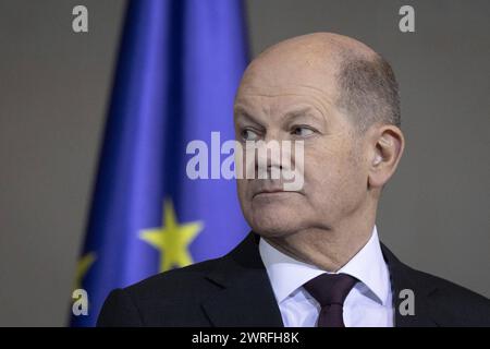 Bundeskanzler Olaf Scholz SPD aufgenommen im Rahmen einer Pressekonferenz im Bundeskanzleramt à Berlin, 11.03.2024. Berlin Deutschland *** le Chancelier fédéral Olaf Scholz SPD enregistré lors d'une conférence de presse à la Chancellerie fédérale de Berlin, 11 03 2024 Berlin Allemagne Copyright : xLorenzxHuterxphotothek.dex Banque D'Images