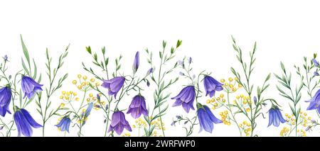 Bordure horizontale sans couture florale avec campanula, plantes de prairie sauvages. Fleurs bleues, jaunes. Aquarelle ornée de délicates cloches de lièvre. Banque D'Images