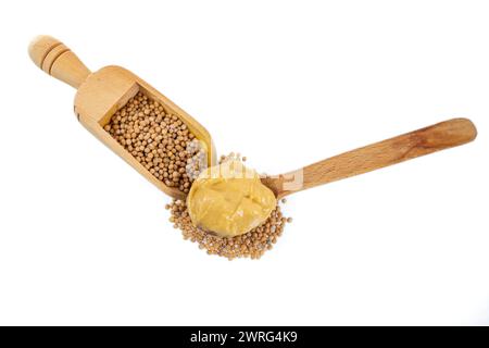 Graines de moutarde dans une cuillère et coller dans une cuillère en bois isolé sur fond blanc, soft focus gros plan Banque D'Images