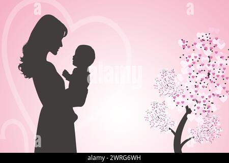 Une silhouette tendre d'une mère tenant son bébé sur un fond rose doux avec un motif coeur, idéal pour la fête des mères. Illustration de Vecteur