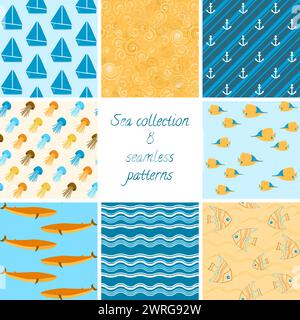 Collection colorée de 8 motifs marins sans couture Illustration de Vecteur