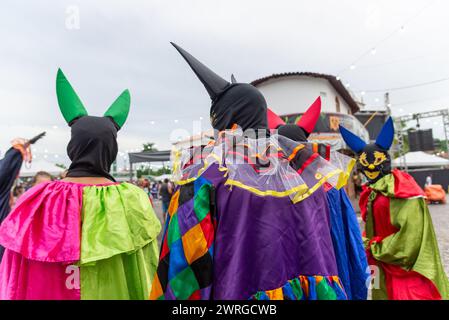 Maragogipe, Bahia, Brésil - 11 février 2024 : groupe habillé de caractère est vu pendant le carnaval dans la ville de Maragogipe à Bahia. Banque D'Images