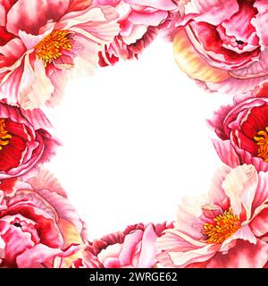 Cadre carré aquarelle fleur de pivoine dans les couleurs rose pastel et pêche. Illustration florale dessinée à la main sur fond isolé pour les cartes de voeux ou Banque D'Images