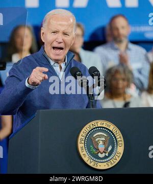 Wallingford, PA, États-Unis - 08 MARS 2024 - le président Joe Biden prononce un discours lors d'un événement de campagne à la Strath Haven Middle School. Banque D'Images