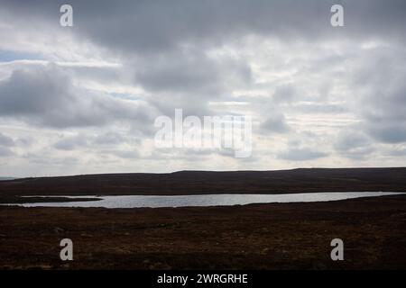 Vue sur le paysage d'un petit lac ou loch écossais près des tourbières à Caithness, près de Dunnet Head, Highlands Banque D'Images