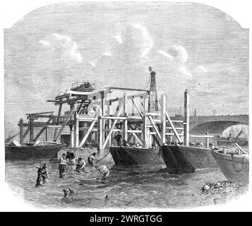 Début des travaux du quai de la Tamise près de Westminster Bridge, 1864. Vue des pieux enfoncés et échafaudages de grande envergure érigés pour supporter et transporter les grues lourdes à utiliser dans les caissons de fonderie. Ce travail est préparatoire à la formation d'un cofferdam, et par la suite procéder à des fouilles pour une fondation solide, qui doit nécessairement être posée très profondément... les caissons font douze pieds sur sept, et les coffres-barrages... sont remarquables pour être construits, non pas en bois... mais en fer, ce qui, on pense, offrira de grands avantages par rapport au tapis à l'ancienne Banque D'Images