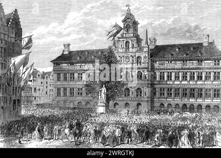 Grand festival de la municipalité et Académie Royale d'Anvers : inauguration d'une statue allégorique d'Anvers couronnant le buste de Teniers, 1864. Vue de '...l'inauguration de la statue allégorique de M. Van Arendonck, ou plutôt de son groupe de sculptures, sur la Grande place...C'est en 1664 que l'un des plus grands peintres flamands, David Teniers le jeune, obtient du gouvernement royal une charte pour la création de l'Académie d'Anvers, qui a succédé aux fonctions de l'ancienne Guilde de Saint Luc, anciennement connue comme une corporation et école d'artistes. Le bicentena Banque D'Images