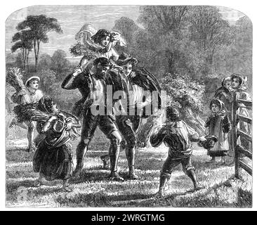 Une charge légère du dernier champ récolté, 1864. « La coutume de donner un souper aux gens de la moisson a été observée depuis des temps immémoriaux... la jollité de la saison est universellement ressentie, et une hilarance roulante est partout apparente. C'est heureusement montré par notre artiste... deux jeunes fidèles - le travail de la saison bien-presque - se rendent à l'ivresse de l'époque, et portent une demoiselle en haut comme la charge la plus légère et la plus belle gerbe du dernier champ récolté. La fille ne semble pas tout à fait à l'aise sur son trône extemporalisé, pas plus que les enfants qui regardent d'abord entrent dans fu Banque D'Images