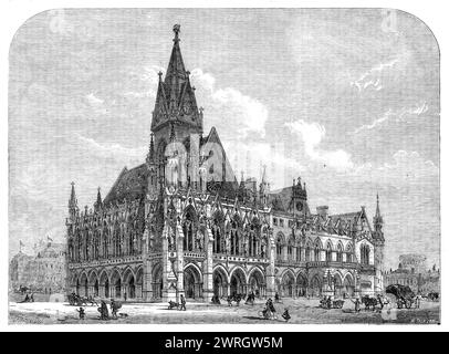 Tirage du Prix Royal Academy: "A provincial Townhall and Market-place", par Thomas Henry Watson, 1864. 'Ce prix, ouvert à tous les étudiants en architecture, est décerné pour des travaux réalisés dans les écoles de l'Académie pendant une période de cinq semaines, qui doivent consister en un dessin original, illustré par trois dessins, le sujet étant donné par le conseil. Cette année, "Une mairie provinciale et une maison de marché" a été le sujet choisi, et nous donnons la perspective sud-ouest de la conception réussie. La mairie, ou grande salle, est à l'avant, s'étendant sur le marché du maïs, le Banque D'Images