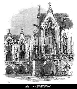Brunswick : la Rath-Haus, 1864. Vue de la mairie de Braunschweig, Allemagne. '...la Rath-haus...est un spécimen vraiment magnifique de l'architecture du XIIIe siècle, et parle d'une époque où les bourgeois de Brunswick n'avaient pas besoin de compter le coût avant de s'asseoir pour construire'. Tiré de "Illustrated London News", 1864. Banque D'Images
