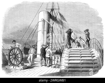 "Our Special Artist", à bord du Lilian, qui dirige le blocus dans le port de Wilmington, Caroline du Nord, 1864. Guerre de Sécession. "Nous avons reçu de notre artiste spécial, qui, après un court intervalle de repos en Angleterre, est retourné au siège de la guerre en Amérique et est arrivé en toute sécurité au camp du général Lee, un croquis de la scène à bord du bateau à vapeur Lilian, qui fait barrage, alors qu'il entre dans le port de Wilmington [depuis les Bermudes], dans les États confédérés, passant indemne l'escadron de croiseurs fédéraux, le matin du 4 juin. Tiré de "Illustrated London News", 1864. Banque D'Images