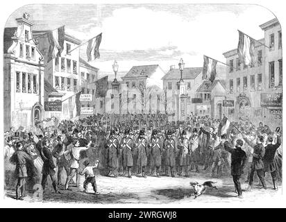 La difficulté du Schleswig-Holstein : entrée des troupes fédérales dans Altona par le Nobis Thor, 1864. 'Le 24 décembre, les Saxons entrèrent, avec leur groupe jouant "Schleswig-Holstein, Sea-entourés", à travers le Nobis Thor à la mairie... et furent immédiatement reçus avec de grandes démonstrations de bienvenue. Tous les membres des différents societies...namely, le nouveau Riflemen's Club, les Turners, les Brethren-at-Arms [etc] - se sont avérés en grande joie. Le duc Frédéric a été proclamé à midi en présence de toute la population, ainsi que de la moitié de celle de Hambourg. Un grand changement w Banque D'Images