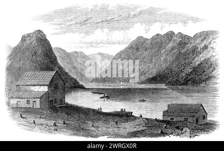 Croquis de la Colombie-Britannique : Port Anderson, Anderson Lake, 1864. 'Ce port et la ville, bien qu'à l'heure actuelle en "embryon", est agréablement situé ; et son morceau de terre claire ne manquera pas d'encourager le coeur du voyageur, après avoir voyagé à travers tant de miles de forêt dense de pins. Anderson Lake (quinze miles de long) est, comme tous les autres, délimité par de hautes montagnes romantiques mais stériles. Le passage par bateau à vapeur occupe environ une heure et demie, nous atterrissant sur un étroit col de terre, un peu plus d'un mile de largeur, à travers lequel un tramway est posé pour le transport du fret. Banque D'Images