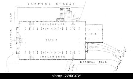 Plan de la nouvelle salle agricole, Islington, [Londres], 1862. Le hall '...a des entrées de tous les côtés. Sa position centrale, en ce qui concerne les différents terminus ferroviaires (avec tous lesquels il est en communication directe par le biais de la Nouvelle-route) le rend bien adapté aux fins auxquelles il est destiné... la façade occidentale... est le principal; et ici, il y a deux hautes tours et une entrée de chariot audacieuse. La construction est en brique jaune, avec des bandes et des arches de briques rouges. À l'extrémité est, presque face à Islington-Green, se trouve une arche de brique de caractère similaire, avec une couverture Banque D'Images