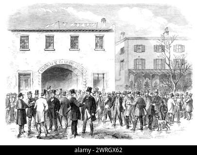 Election Day in New York : un bureau de vote parmi les "Upper Ten", 1864. Foule dans un bureau de vote le 8 novembre, '...le jour de l'élection présidentielle, ainsi que des élections d'État...[la scène est] la partie haute de la ville, près des avenues à la mode...[du] quartier aristocratique. Ici, le sondage est taken...in le bureau d'un chirurgien vétérinaire, attaché à une écurie de livrée. À tout moment du lever au coucher du soleil (qui est le temps autorisé pour déposer les votes) les noeuds de la classe la plus riche des citoyens de New York - les dix mille supérieurs, comme on les appelle, doivent être vus congrega Banque D'Images