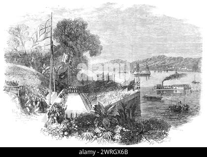 Pose de la première pierre du pont de Brisbane, Queensland, Nouvelle-Galles du Sud, 1864. La première pierre du nouveau pont reliant les parties nord et sud de la ville... a été posée, le 22 août, par Sir G. F. Bowen... la structure a ainsi commencé, à partir des plans de messieurs Robson et I'Anson, ingénieurs, doit être un pont en treillis de fer... le coût réel est estimé de &#xa3;50 000 à &#xa3;60,000, qui sera pris en charge par la Corporation de la ville de Brisbane. La cérémonie de pose de la première pierre a été témoin de quelque quinze cents personnes admises au sein de l'inc Banque D'Images