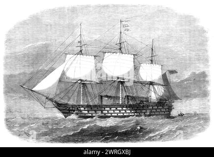 H.M.S. Victoria, 102 canons, le nouveau navire amiral de la flotte méditerranéenne, 1864. 'Notre gravure, d'après un dessin de Mr. F. L. Bedwell, représente le navire à vapeur à vis Victoria - l'un des plus grands et des plus beaux navires en bois de la marine de sa Majesté - qui vient de quitter Portsmouth pour Malte, pour devenir le navire amiral commandant la flotte britannique en Méditerranée. Comme le Victoria n'a pas de blindage, et est probablement tout à fait incapable de prendre part à l'action avec les navires de guerre revêtus de fer maintenant en vogue, sa sélection pour ce poste a fait l'objet de beaucoup de commentaires négatifs ; mais elle est certai Banque D'Images